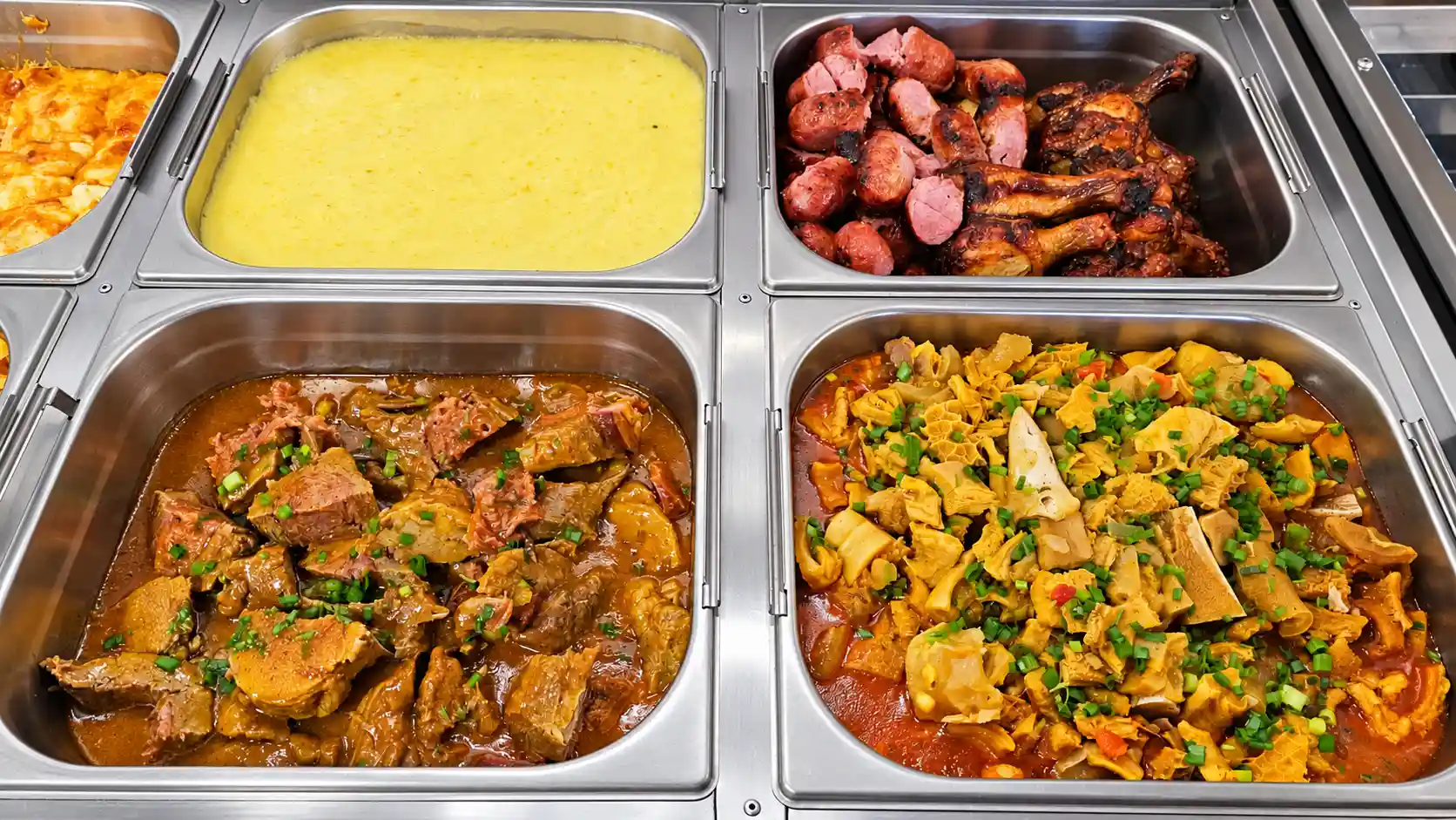 Pratos quentes e guarnições no buffet da Gruta da Lapa