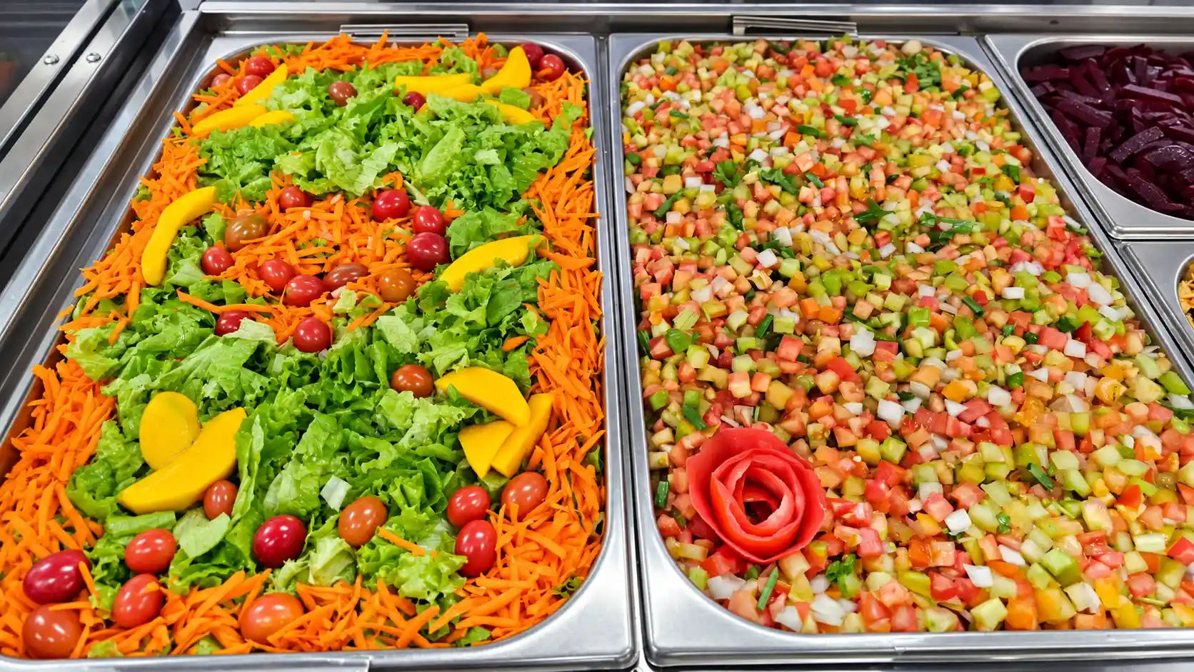 Saladas coloridas servidas no buffet da Gruta da Lapa